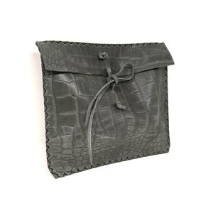 Handmade Leather Clutch / Flat grey embossed pouch, from Ethiopia